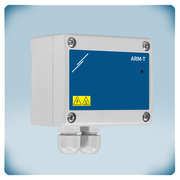 Light grey plastic enclosure with blue front label with LED and cable glands