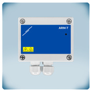 Light grey plastic enclosure with blue front label with LED and cable glands