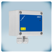 Light grey plastic enclosure with blue front label with LED and cable glands