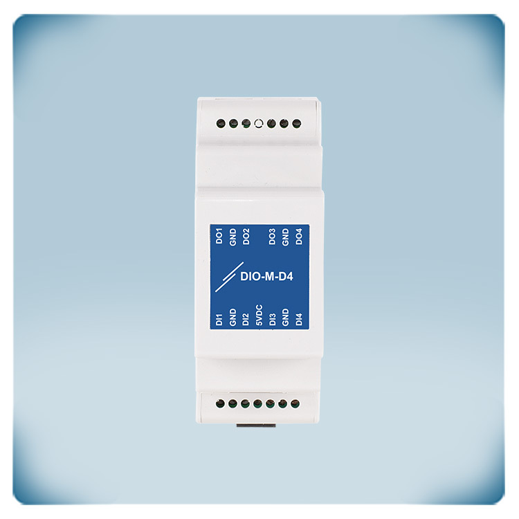 4 digitala ingångar och 4 digitala utgångar som aktiveras av Modbus RTU-register DIN-skenmontering med PoM