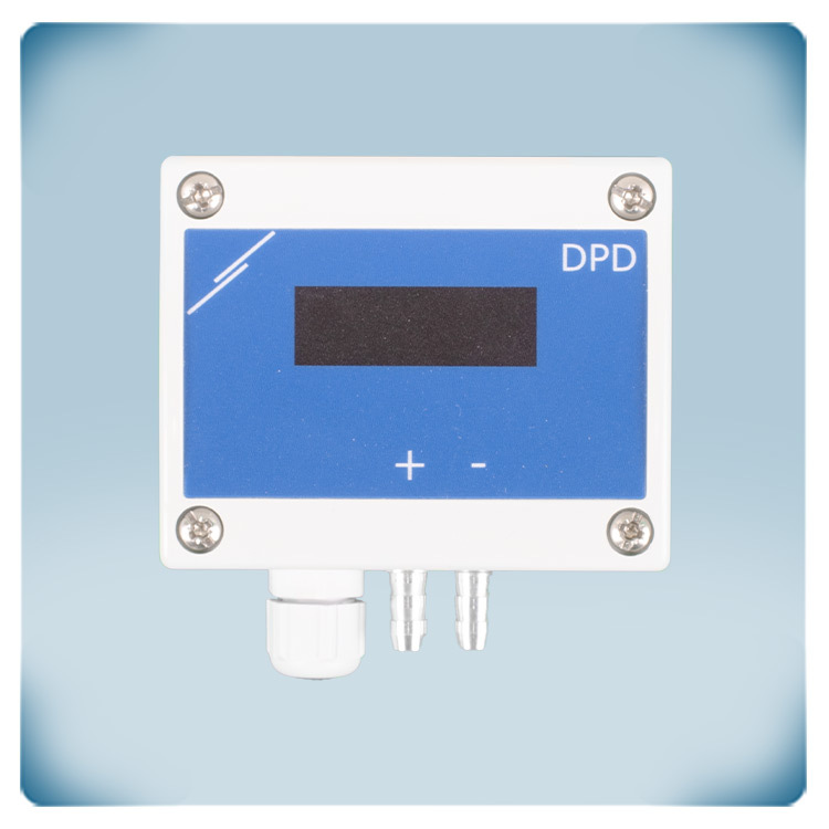 Givare med 2 ingångar och display som mäter differenstryck eller luftflöde, 4000 Pa och 24 VDC eller 24 VAC