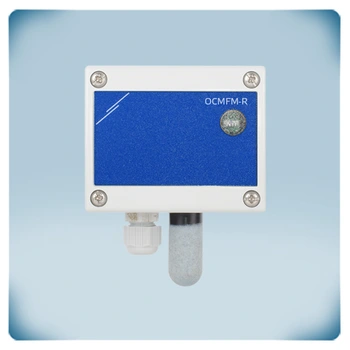 Ljusgrå rektangulär kapsling blå etikett kabelgenomföring