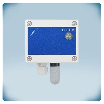 Ljusgrå rektangulär kapsling blå etikett kabelgenomföring