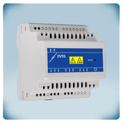 Light grey enclosure for DIN rail with blue front label